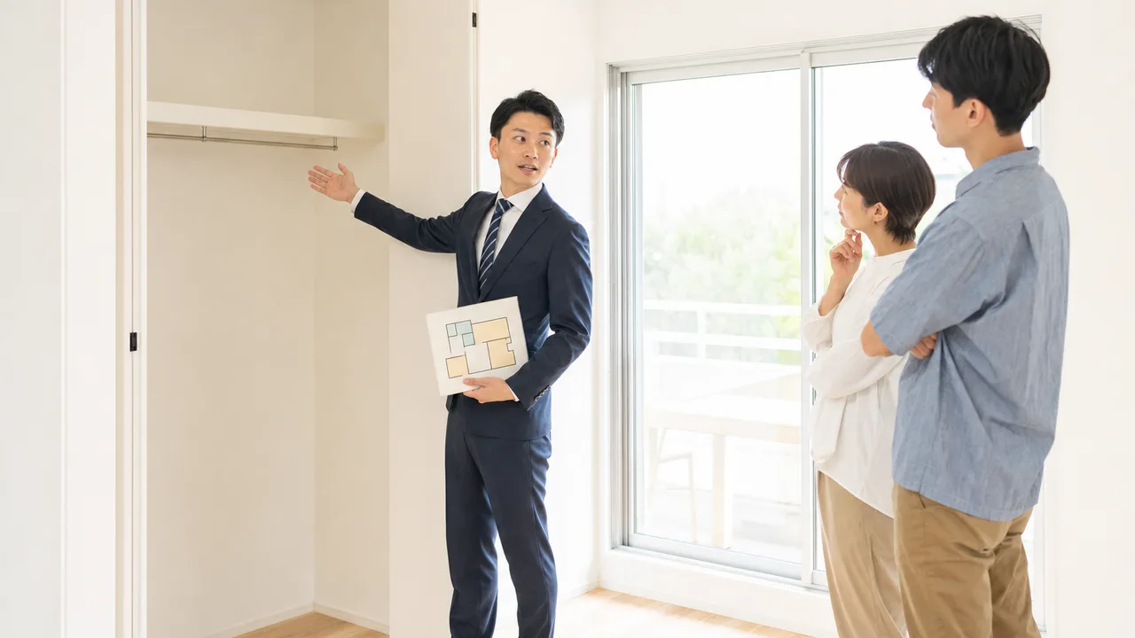 住まいを案内する日本人不動産営業（横長・コピースペース）。不動産営業、住宅相談、物件案内、住まい探しの記事向け素材です。