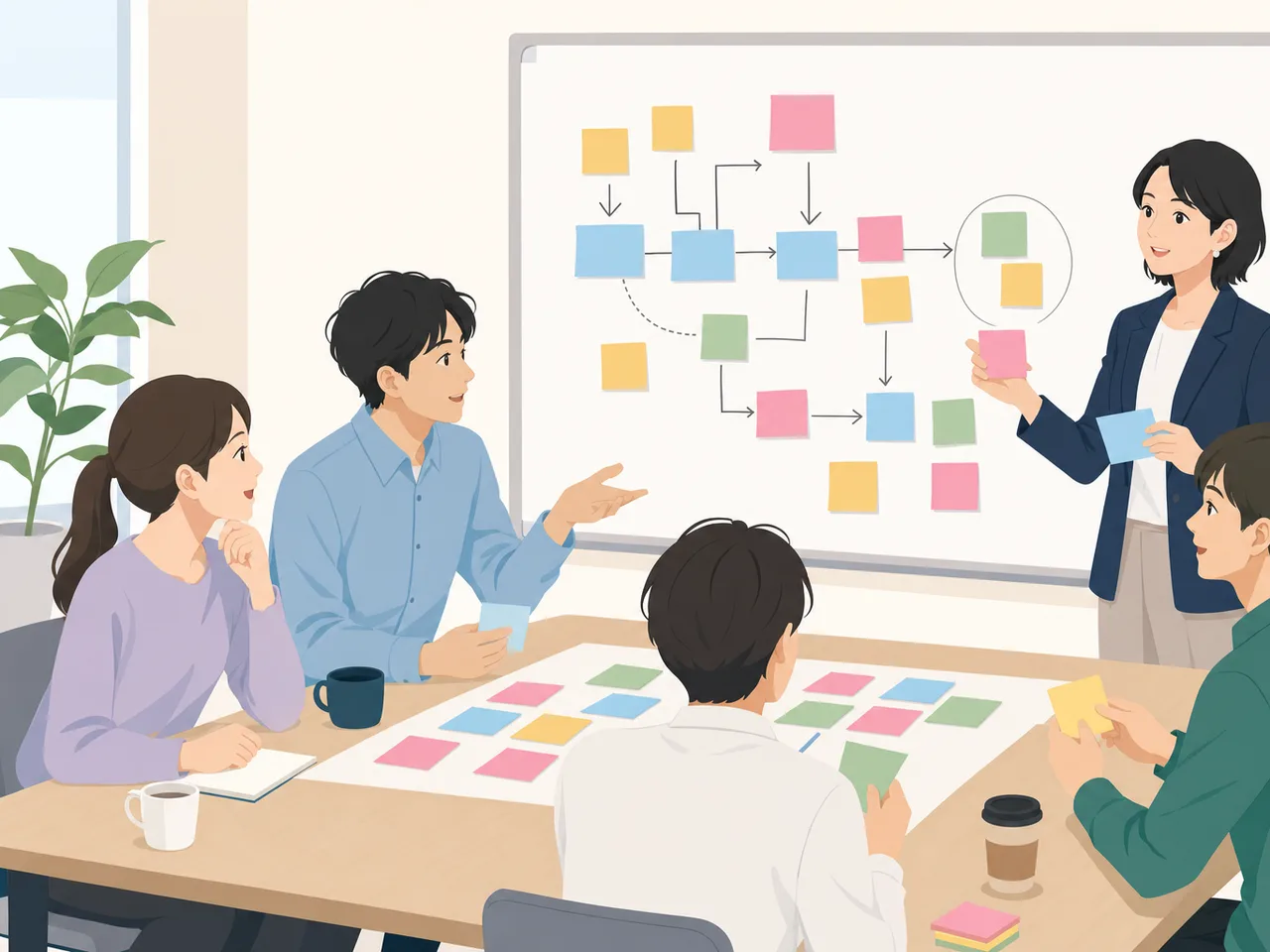 課題整理を支援する日本人コンサルタント（フラットイラスト）。コンサルタント、経営相談、業務改善、企業支援の記事向け素材です。
