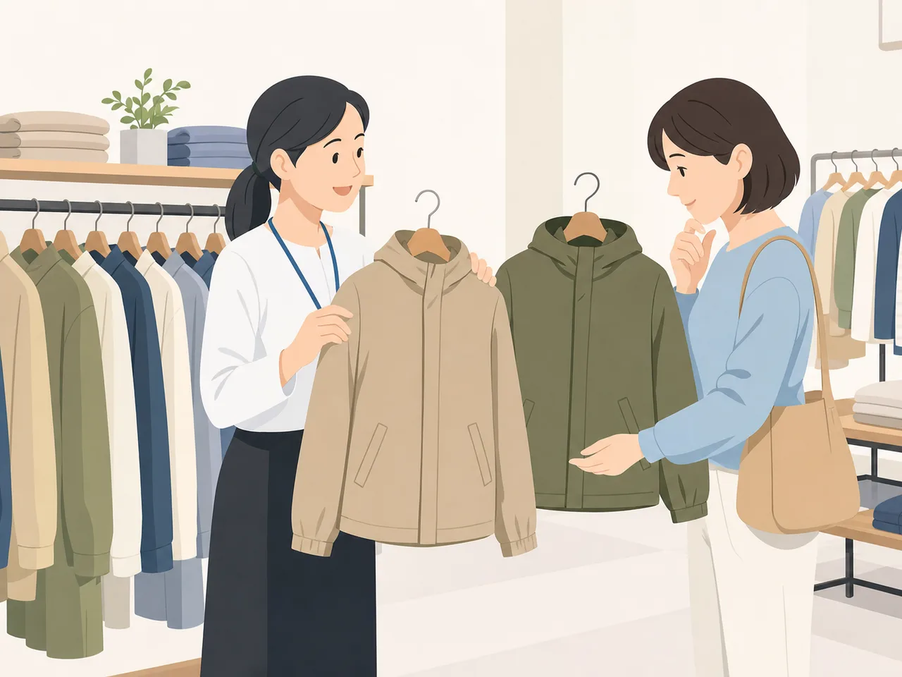 衣料品店で接客する日本人販売員（フラットイラスト）。販売員、アパレル、小売、接客の記事に使える仕事素材です。