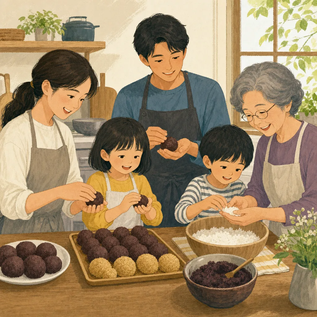 秋のお彼岸におはぎを作る日本人家族（編集記事向け）。秋のお彼岸、おはぎ、家族料理、伝統行事の記事や案内に使える商用素材です。