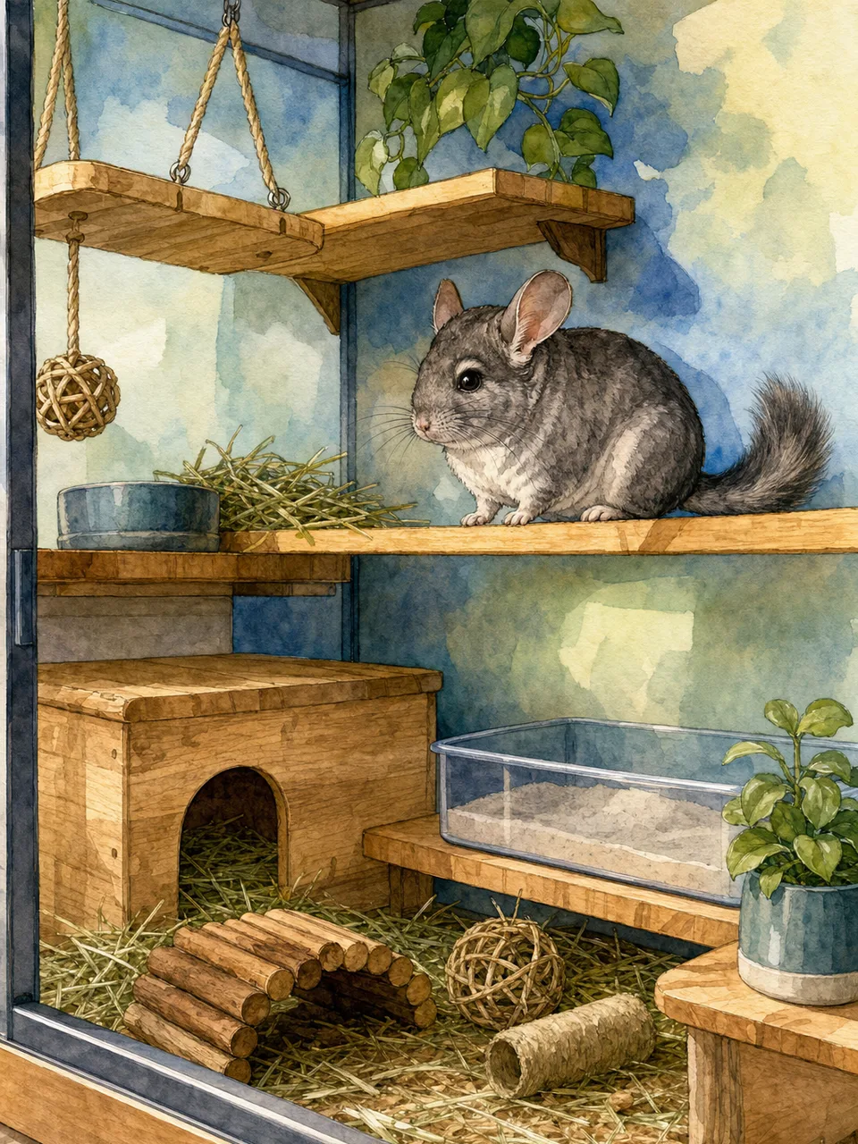適切な環境で暮らすチンチラ（手描き水彩）。チンチラ、小動物、ペット、飼育環境の記事や案内に使える商用素材です。