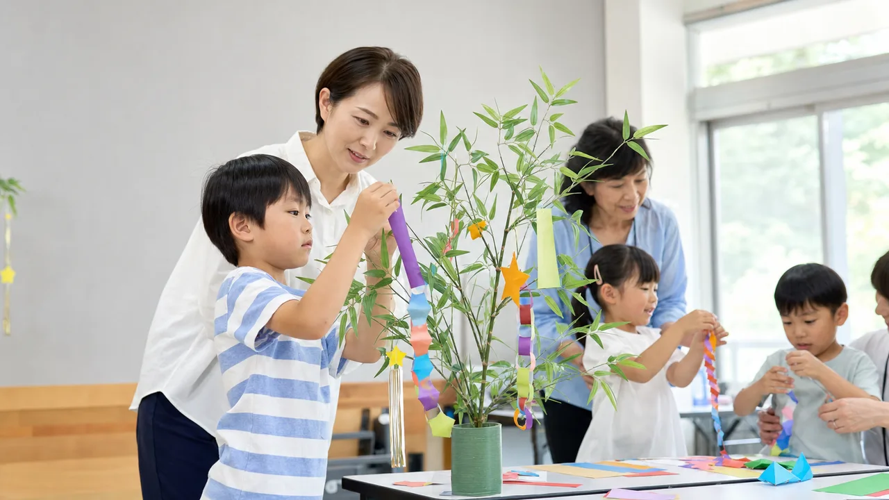 七夕飾りを作る日本の子どもたち（横長・コピースペース）。七夕、夏の行事、保育、地域イベントに使える季節素材です。