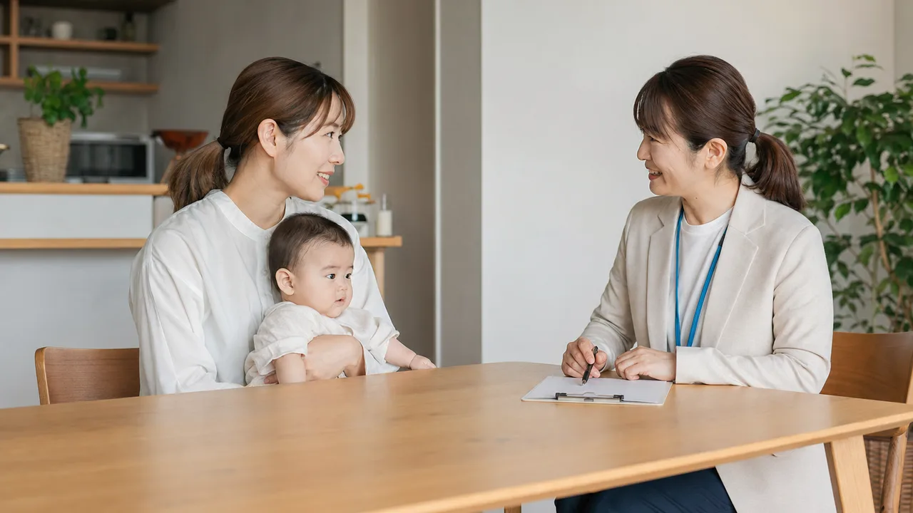 家庭訪問で相談を受ける日本人保健師（横長・コピースペース）。保健師、家庭訪問、健康相談、地域保健の記事向け素材です。