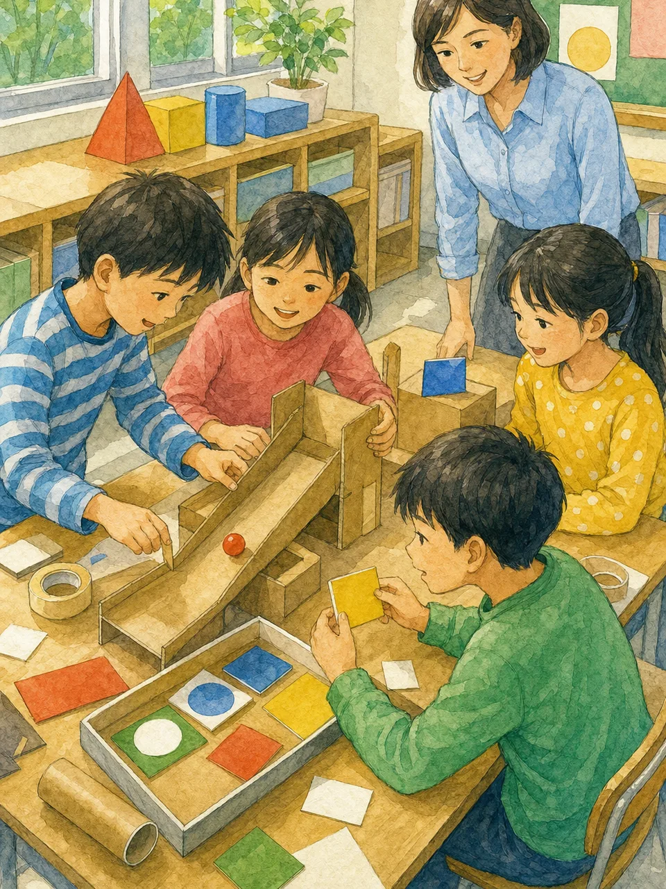 試作品を作る日本人小学生（手描き水彩）。試作品づくり、デザイン思考、小学生、工作授業の記事や案内に使える商用素材です。