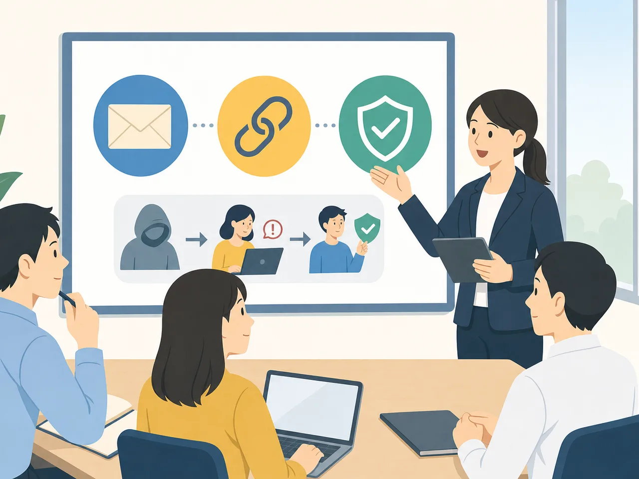 フィッシング訓練を振り返る日本人チーム（フラットイラスト）。フィッシング訓練、標的型メール、セキュリティ教育、不審メールの記事や案内に使える商用素材です。