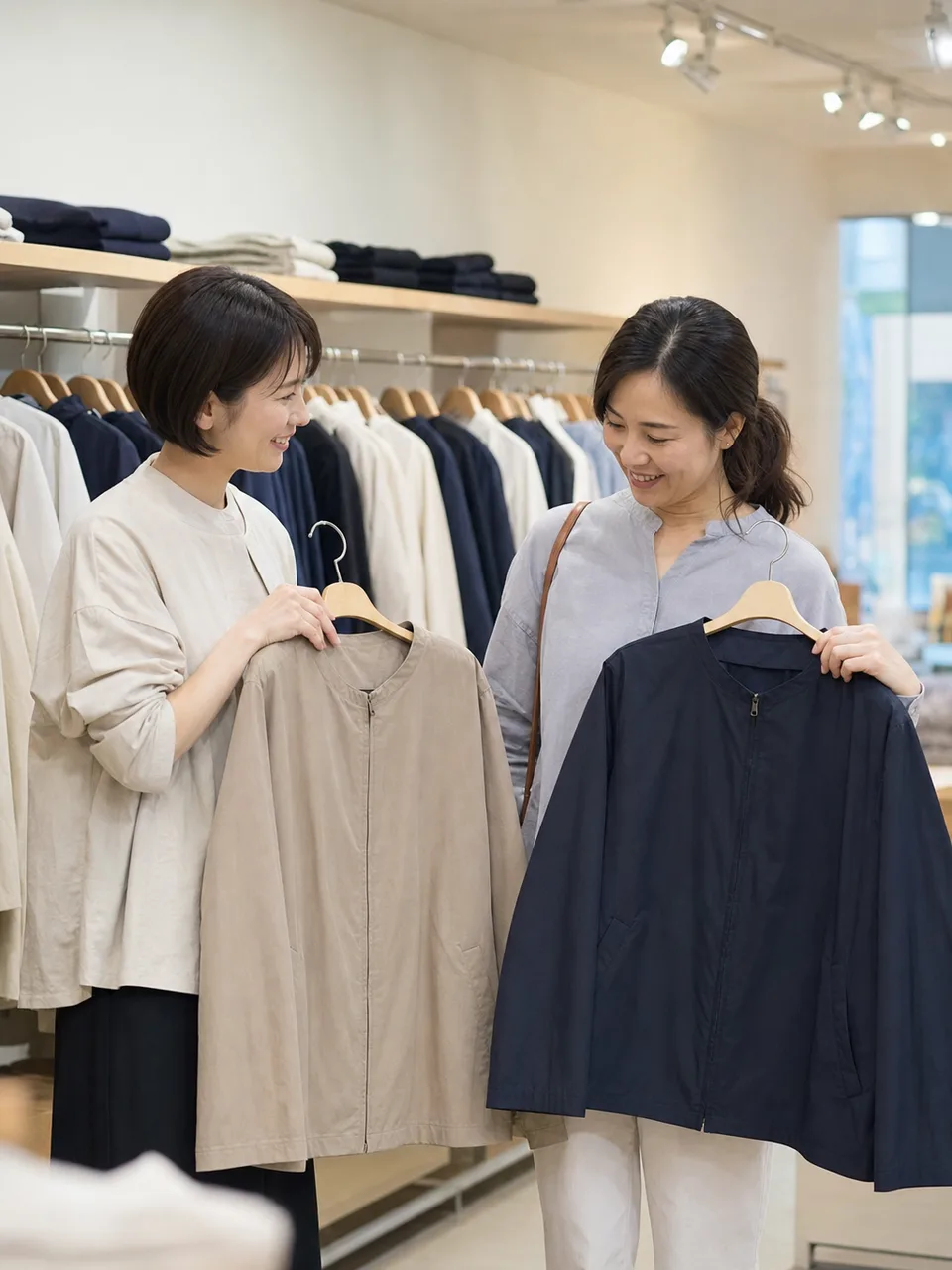 衣料品店で接客する日本人販売員（自然な縦位置写真）。販売員、アパレル、小売、接客の記事に使える仕事素材です。