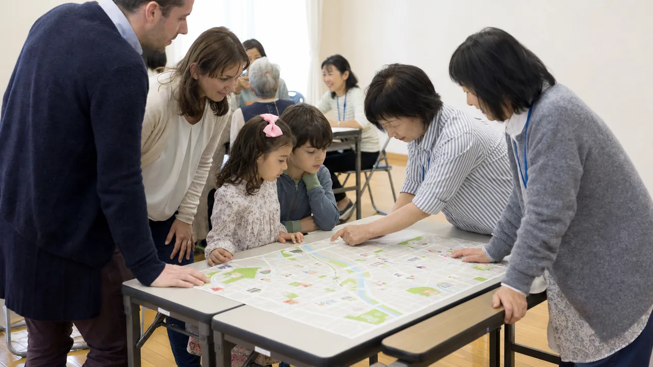 地域で暮らす外国人家族（横長・コピースペース）。外国人家族、多文化共生、地域生活、子育ての記事向け素材です。