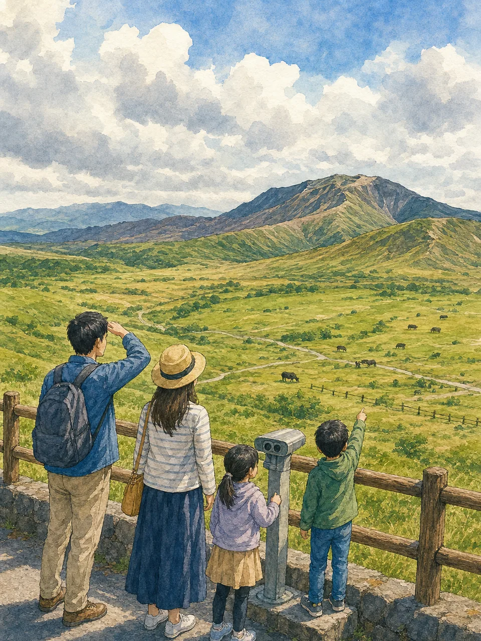 熊本の草原を旅する日本人（手描き水彩）。熊本、阿蘇、草原、九州旅行の記事向け素材です。