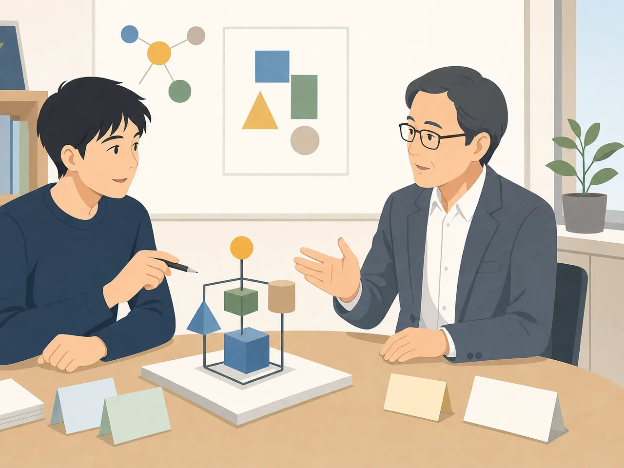 研究指導を受ける日本人大学院生（フラットイラスト）。大学院生、研究指導、指導教員、論文指導の記事や案内に使える商用素材です。