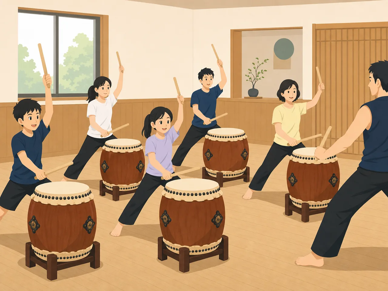 和太鼓を練習する日本人（フラットイラスト）。和太鼓、太鼓練習、伝統音楽、地域活動の記事や案内に使える商用素材です。