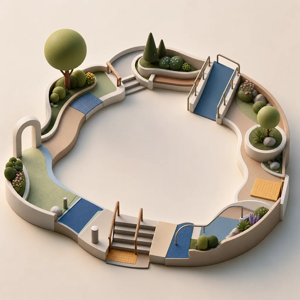 アクセシビリティを表す背景（立体ディスプレイ）。アクセシビリティ背景、インクルーシブ、ユニバーサルデザイン、合理的配慮の記事や案内に使える商用素材です。