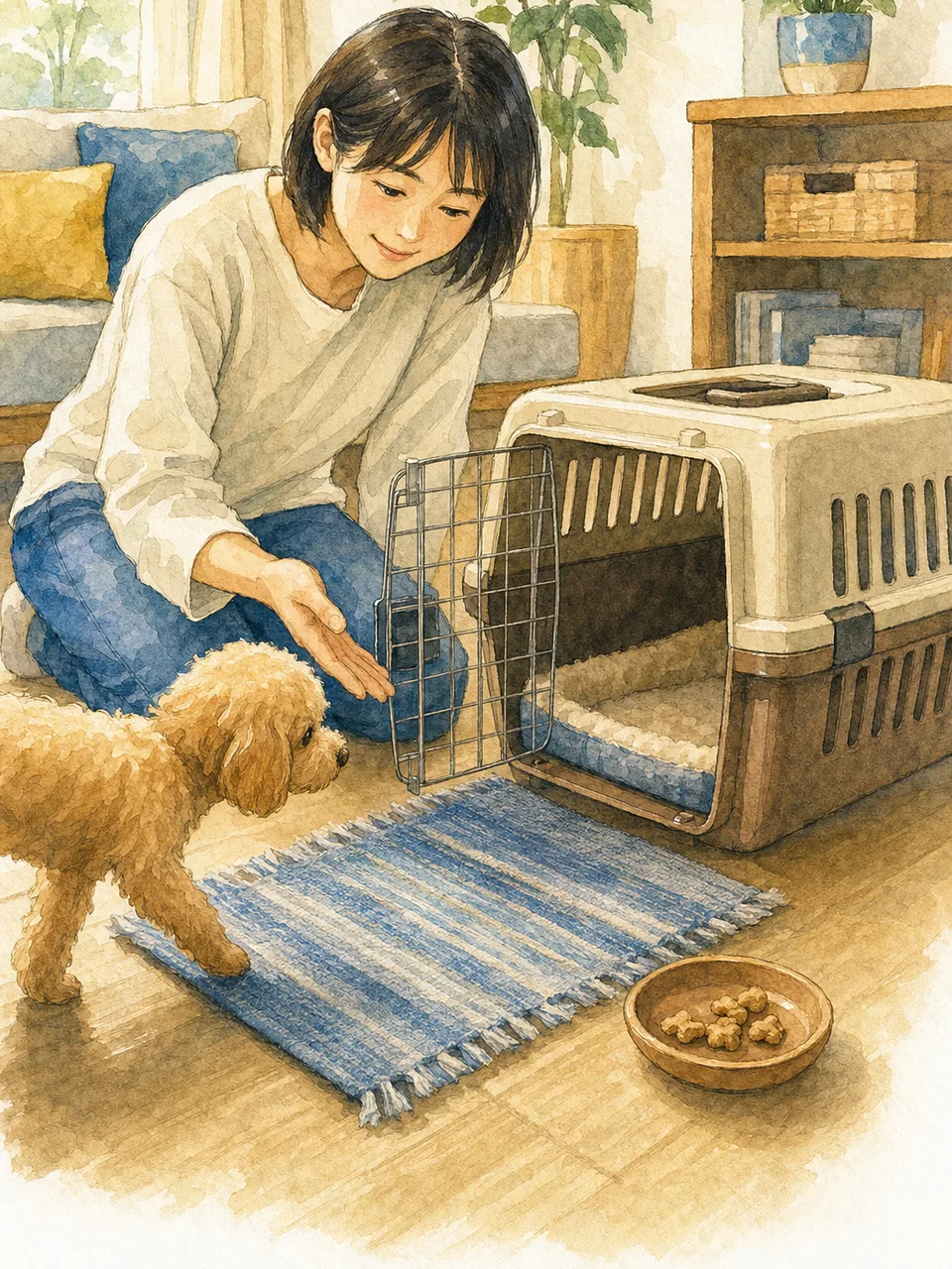 ペットのキャリーケース練習をする日本人（手描き水彩）。キャリーケース練習、犬猫、ペット、防災の記事向け素材です。