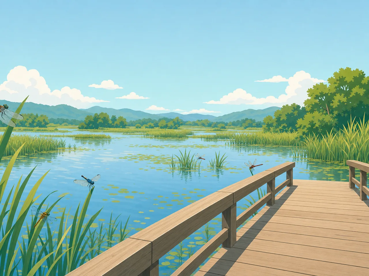 トンボが暮らす日本の湿地（フラットイラスト）。トンボ、湿地、昆虫、水辺の記事や案内に使える商用素材です。