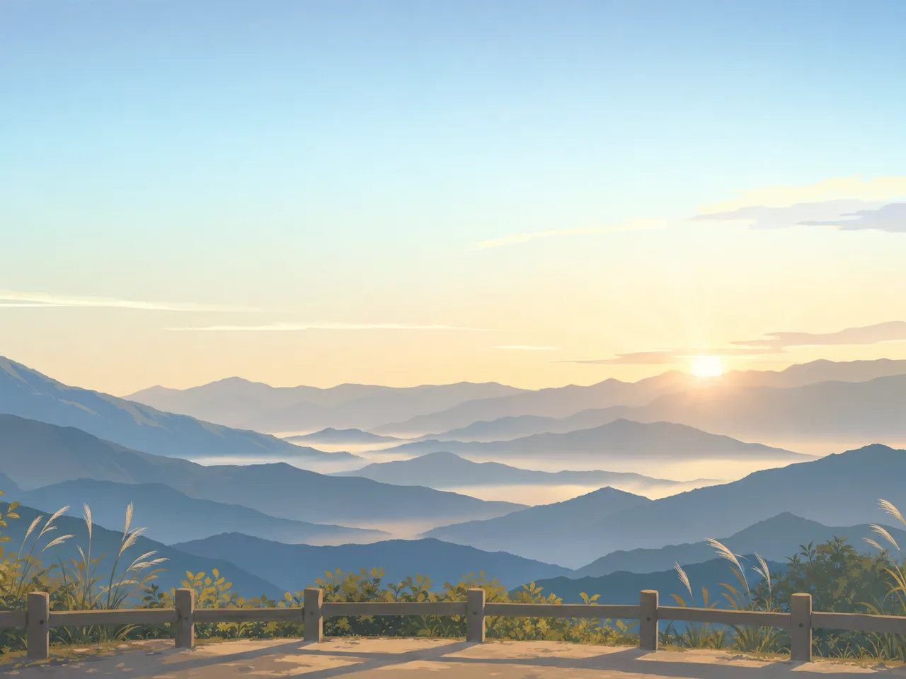 日本の山に昇る朝日（フレームイラスト）。山の朝日、日の出、山岳、自然風景向け素材です。