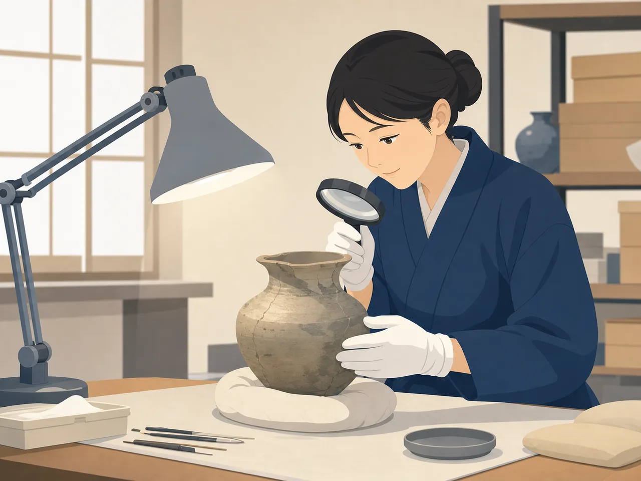 文化財を保存する日本人修復専門家（フラットイラスト）。文化財修復、保存修復、学芸員、博物館の記事や案内に使える商用素材です。