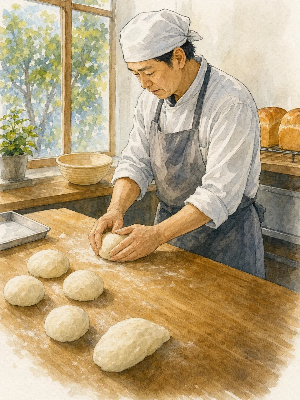 パンを作る日本人パン職人（手描き水彩）。パン職人、ベーカリー、食品製造、地域店舗の記事向け素材です。