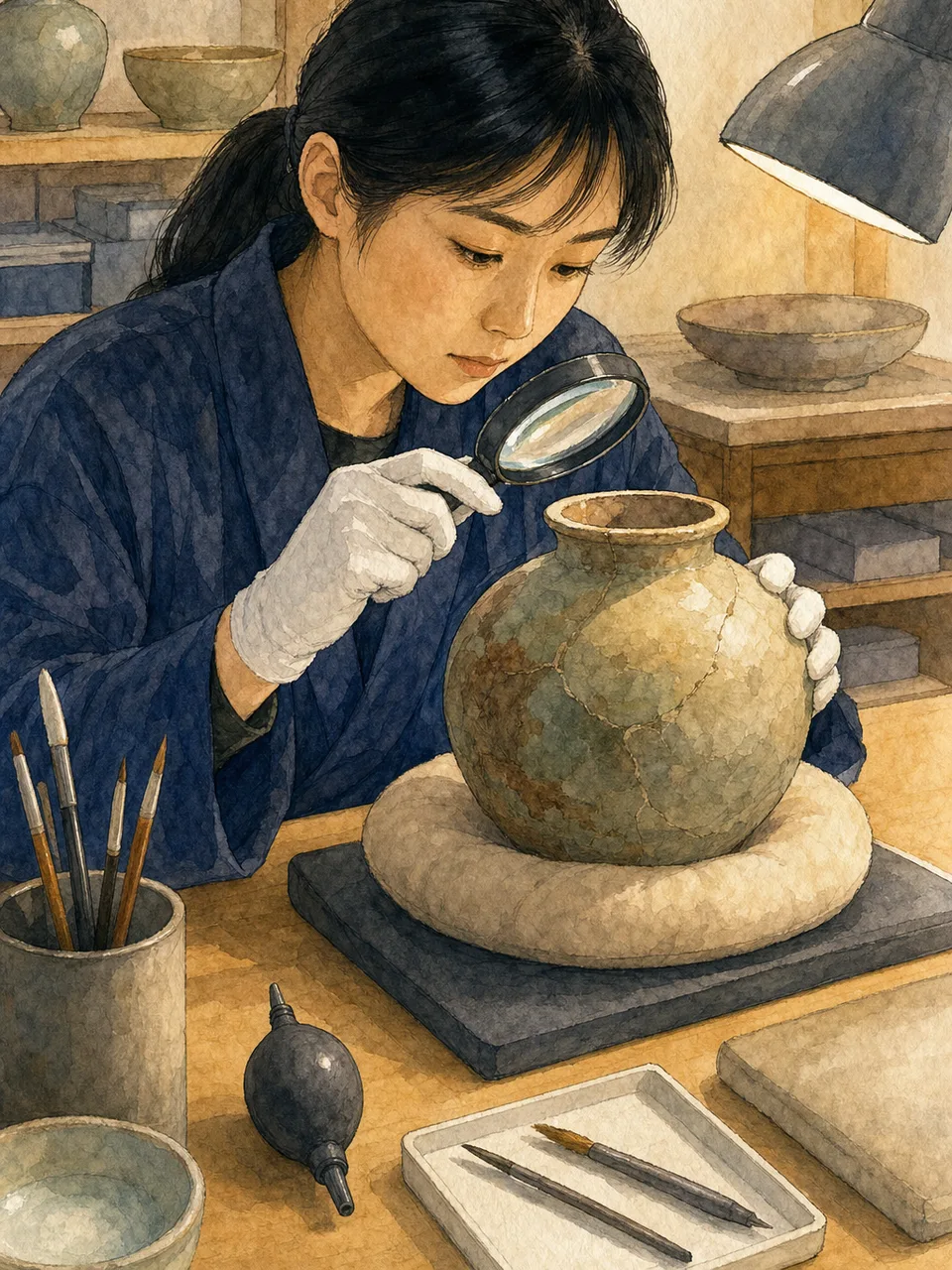 文化財を保存する日本人修復専門家（手描き水彩）。文化財修復、保存修復、学芸員、博物館の記事や案内に使える商用素材です。