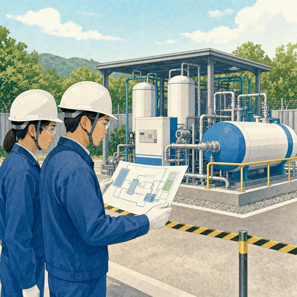 水素エネルギー設備を点検する日本人（編集記事向け）。水素エネルギー、脱炭素、設備点検、エネルギーの記事向け素材です。