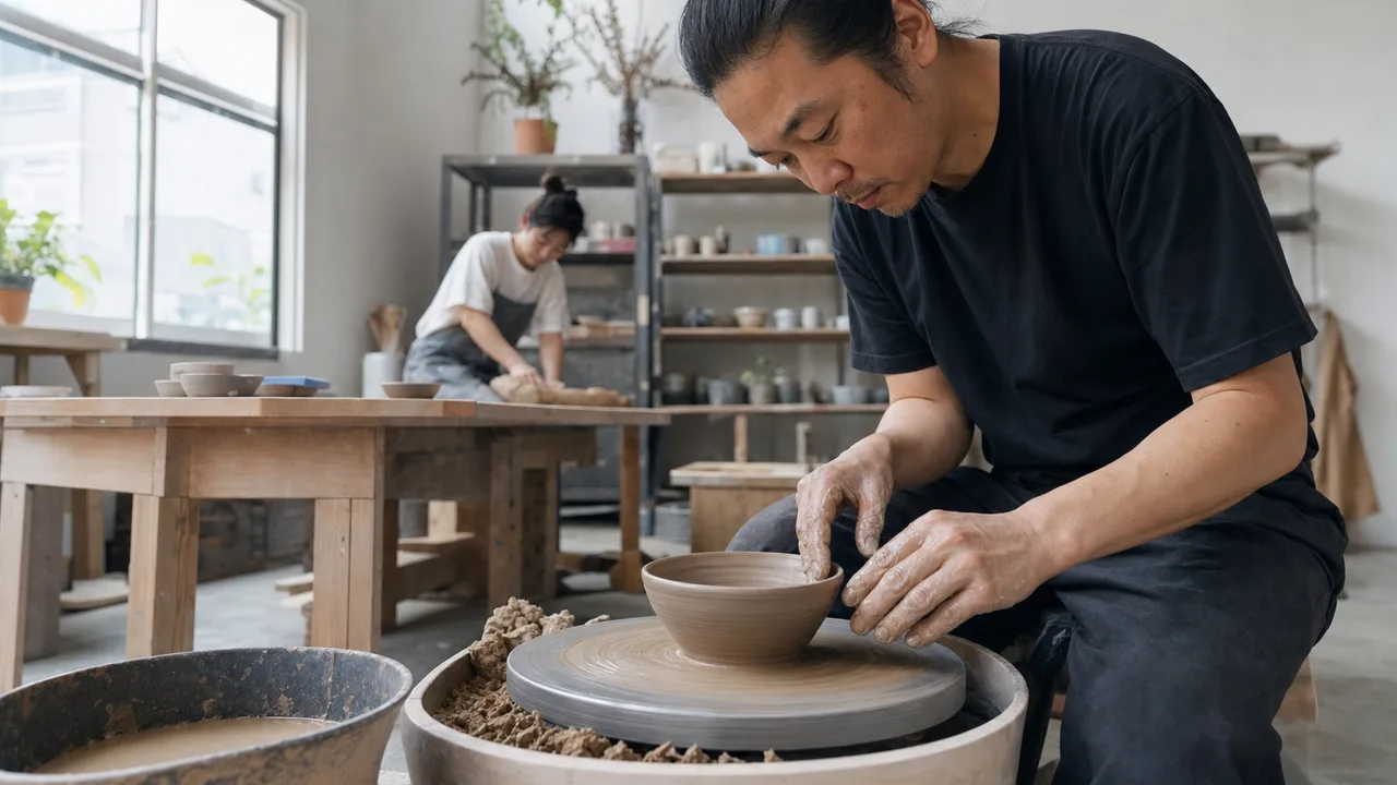 器を作る日本人陶芸家（横長・コピースペース）。陶芸家、陶芸、工房、伝統工芸の記事に使える職人素材です。