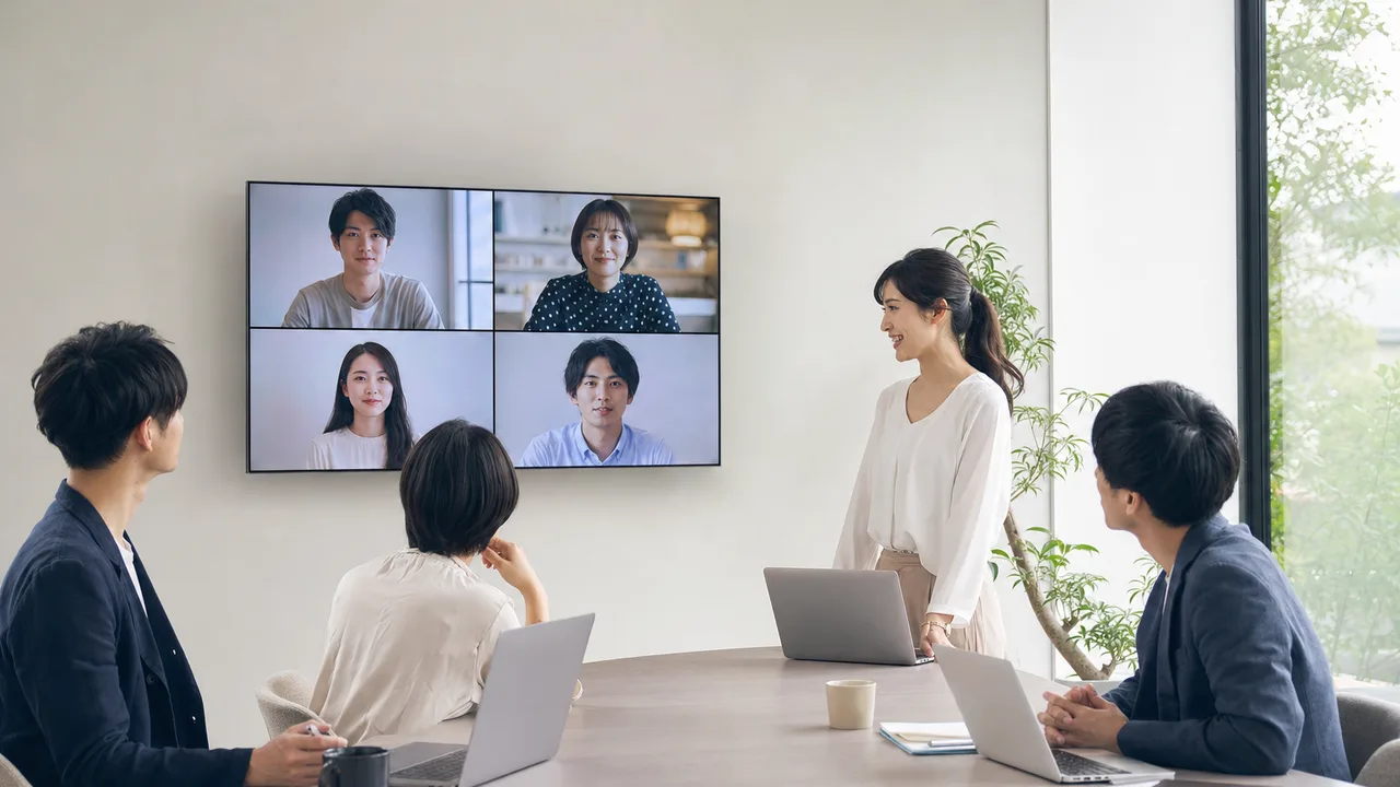 ハイブリッド勤務を計画する日本人チーム（横長・コピースペース）。ハイブリッド勤務、リモートワーク、週次計画、チーム会議の記事や案内に使える商用素材です。