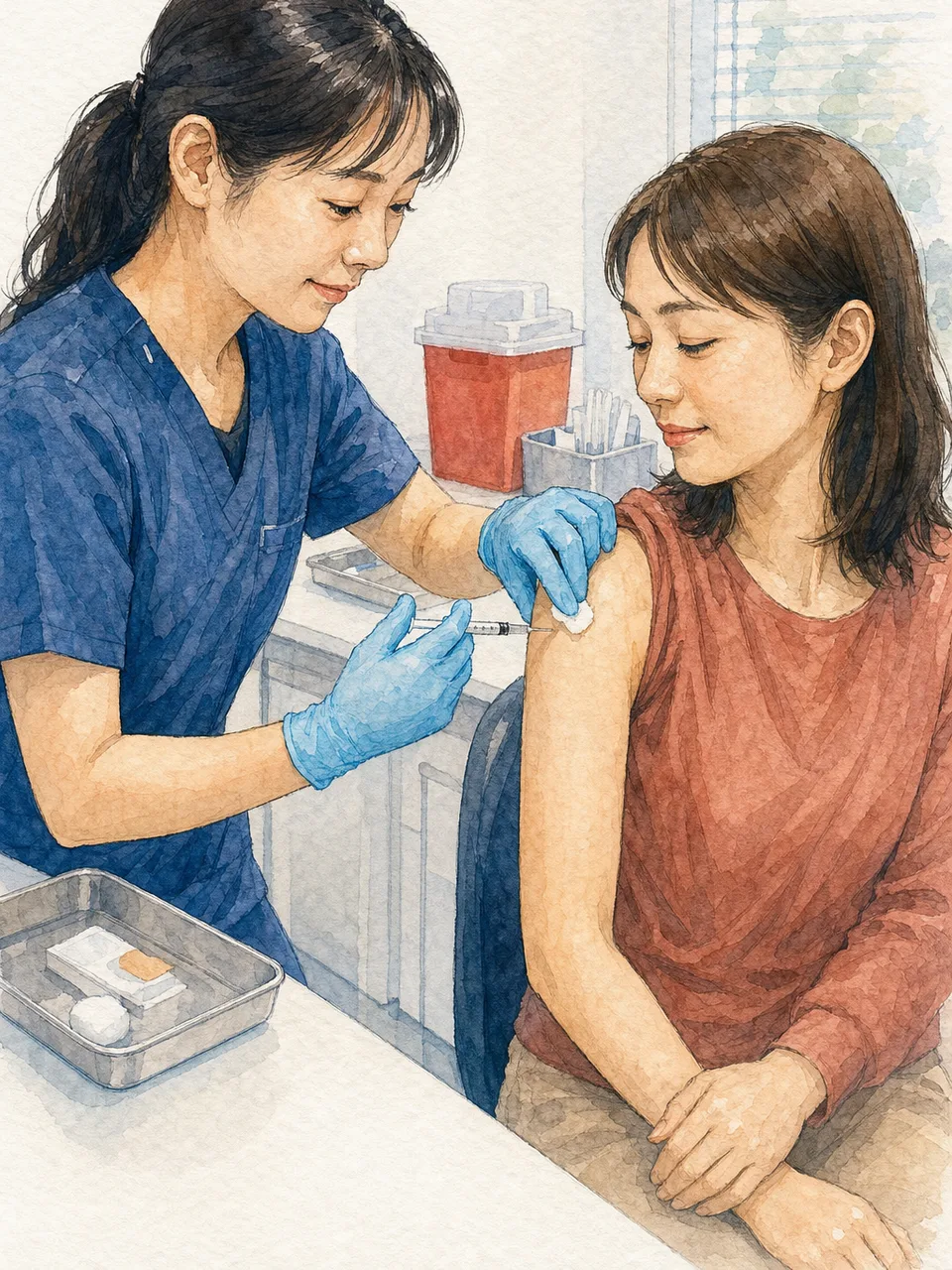予防接種を受ける日本人成人（手描き水彩）。予防接種、ワクチン、感染症対策、医療の記事向け素材です。