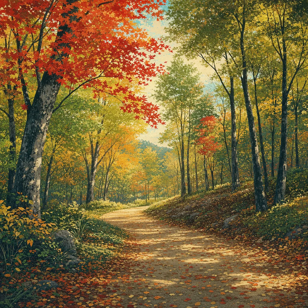 色づく日本の秋の森（正方形デザイン）。秋の森、紅葉、森林、季節の自然向け素材です。