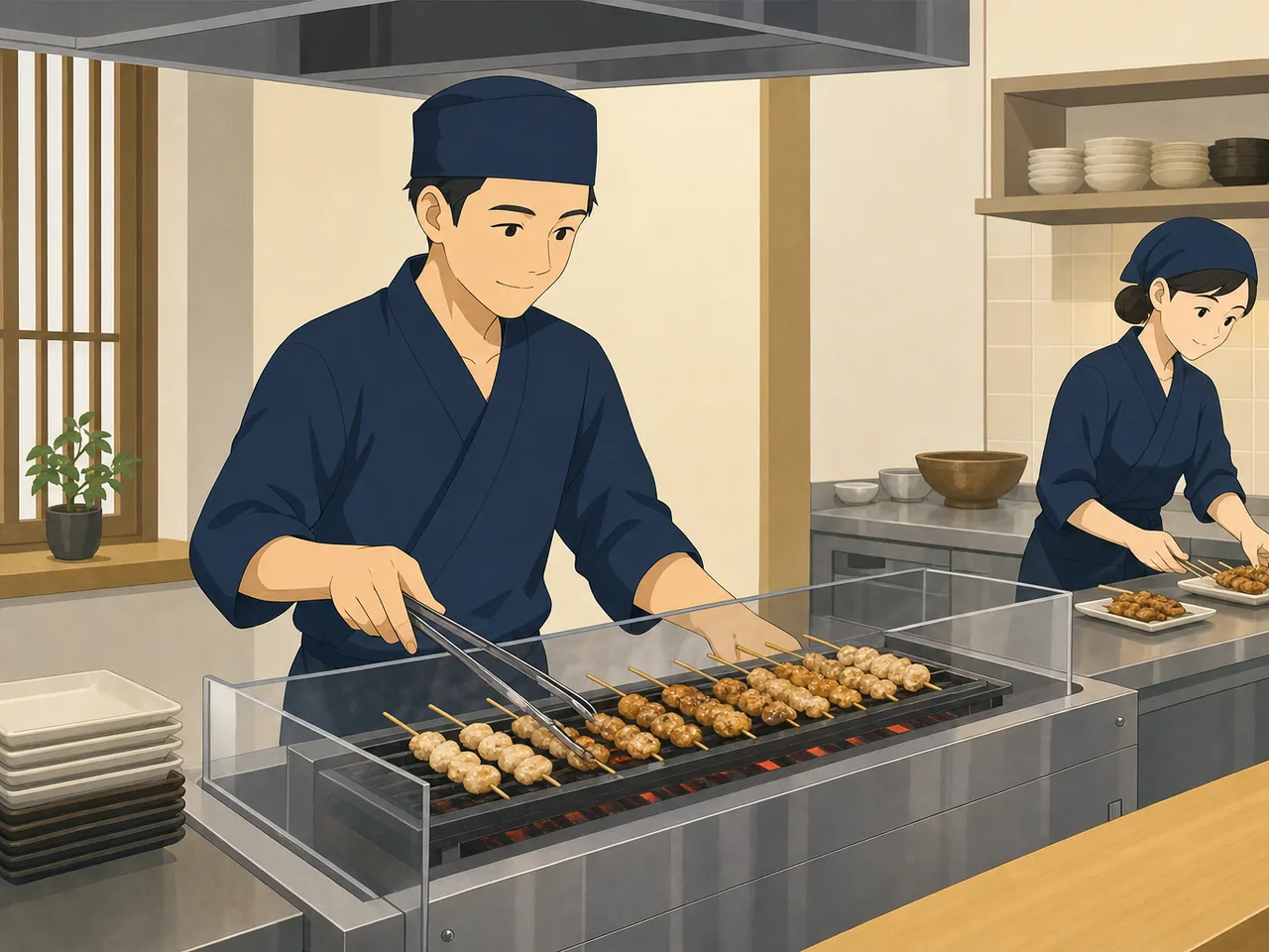 焼き鳥を仕上げる日本人料理人（フラットイラスト）。焼き鳥、料理人、飲食店、和食の記事向け素材です。