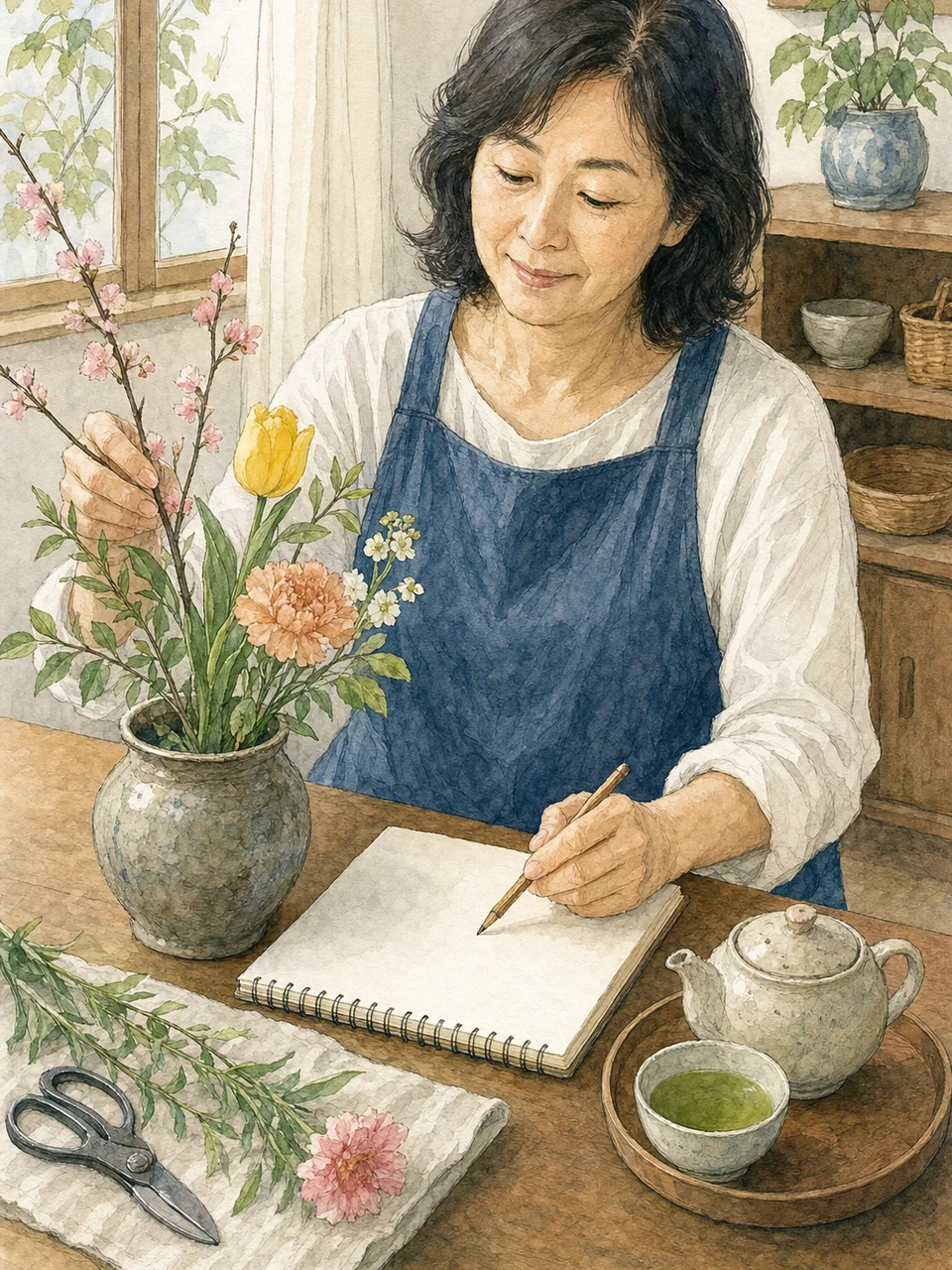 自分の時間を楽しむ日本人の中年女性（手描き水彩）。中年女性、日常生活、趣味、ウェルビーイングの記事向け素材です。