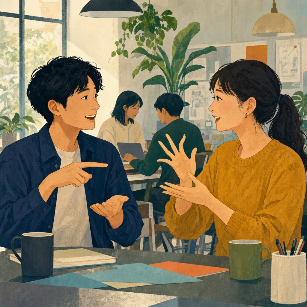 手話で会話する日本人（編集記事向け）。手話、聴覚障害、コミュニケーション、共生の記事向け素材です。