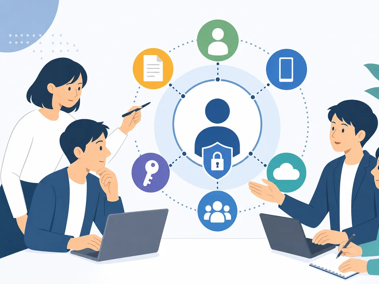 デジタル本人確認を設計する日本人チーム（フラットイラスト）。デジタル本人確認、デジタルID、eKYC、認証の記事や案内に使える商用素材です。