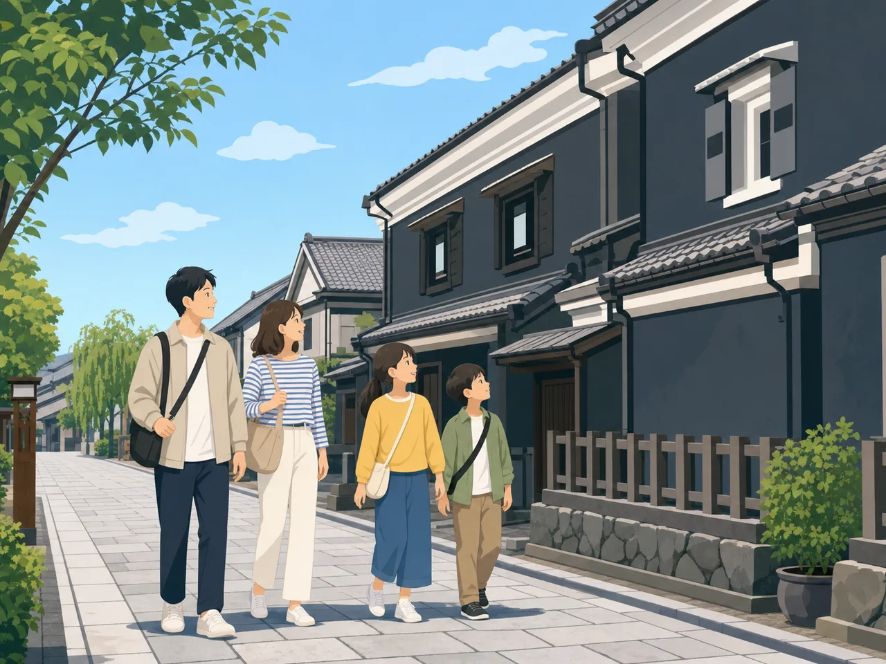 埼玉の蔵造りの町を歩く旅行者（フラットイラスト）。埼玉旅行、川越、蔵造り、小江戸の記事や案内に使える商用素材です。