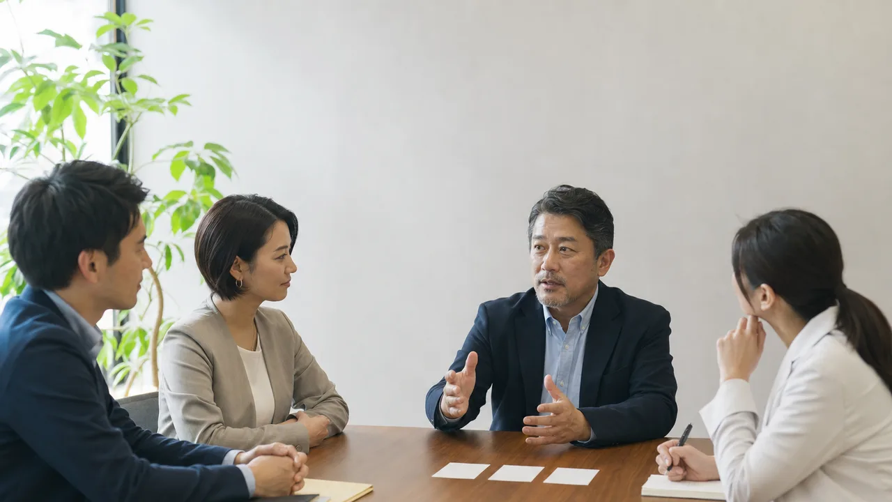企業統治を議論する日本人取締役会（横長・コピースペース）。取締役会、企業統治、コーポレートガバナンス、経営会議の記事や案内に使える商用素材です。