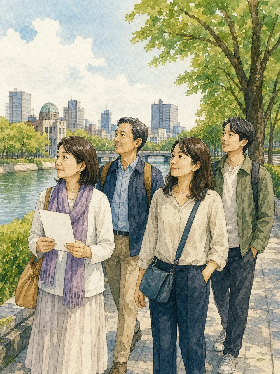 広島の水辺を歩く日本人旅行者（手描き水彩）。広島、平和学習、国内旅行、水辺の街の記事向け素材です。