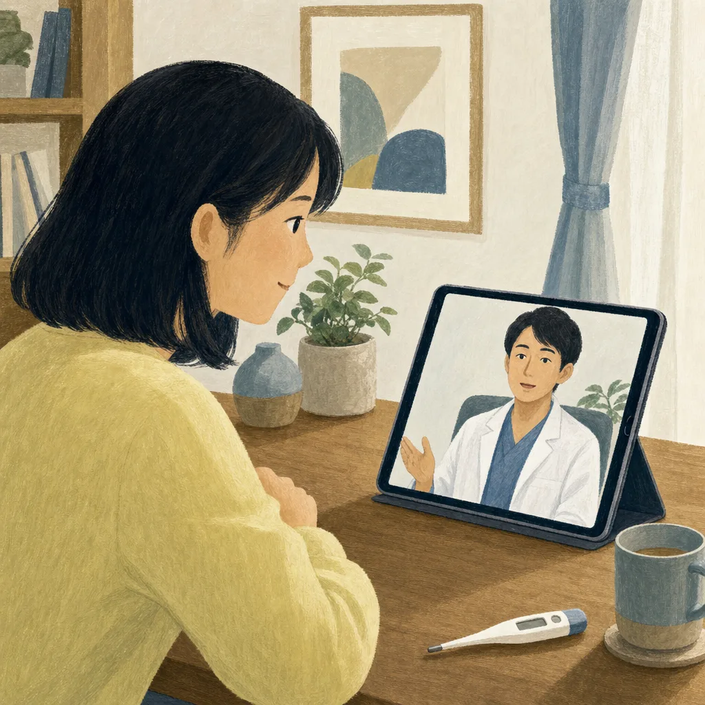 遠隔医療を利用する日本人患者（編集記事向け）。遠隔医療、オンライン診療、在宅医療、デジタルヘルスの記事向け素材です。