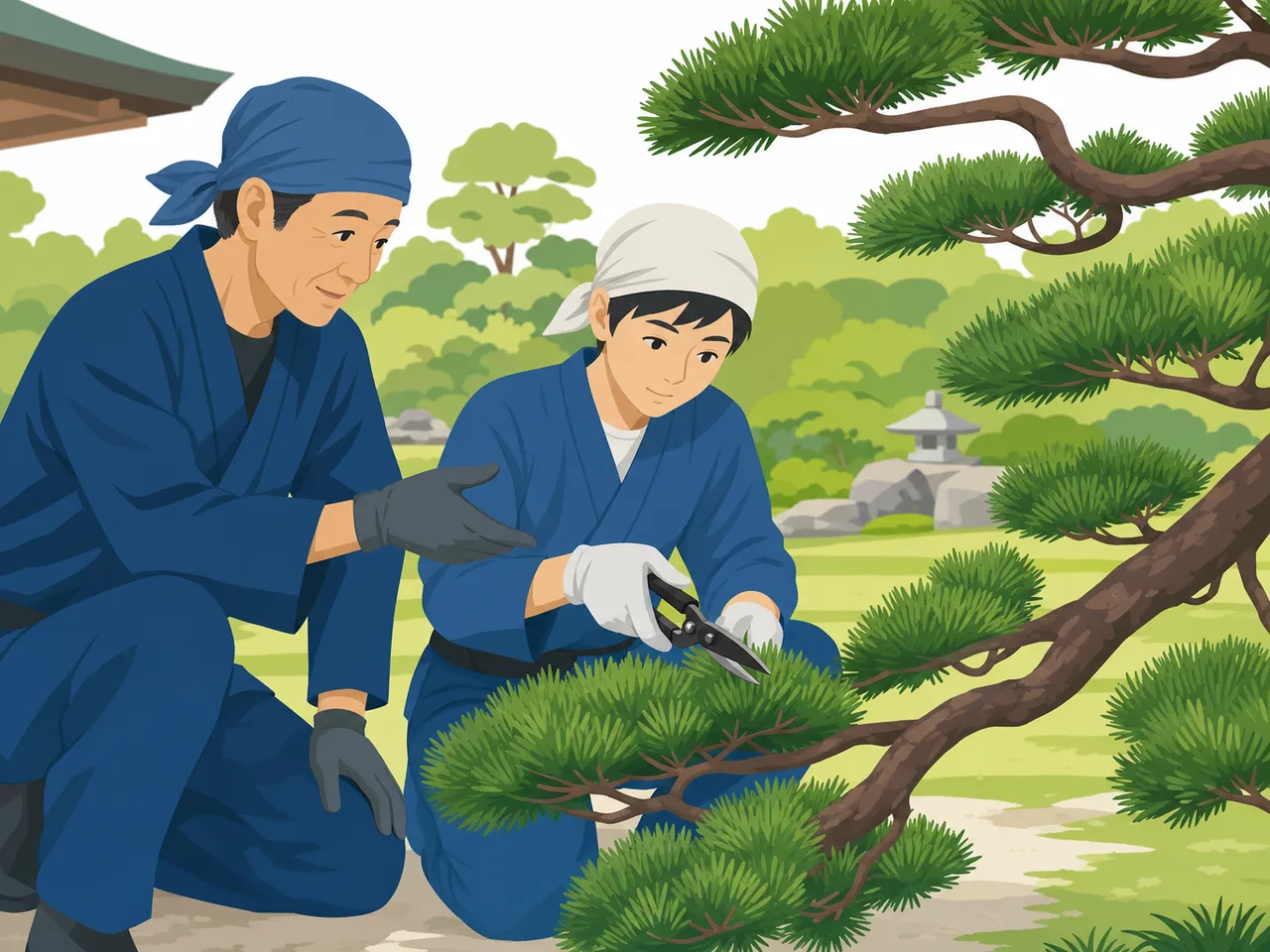 日本庭園の手入れを学ぶ日本人（フラットイラスト）。庭木剪定を学ぶ、日本庭園の手入れ、日本庭園、庭木剪定の記事や案内に使える商用素材です。
