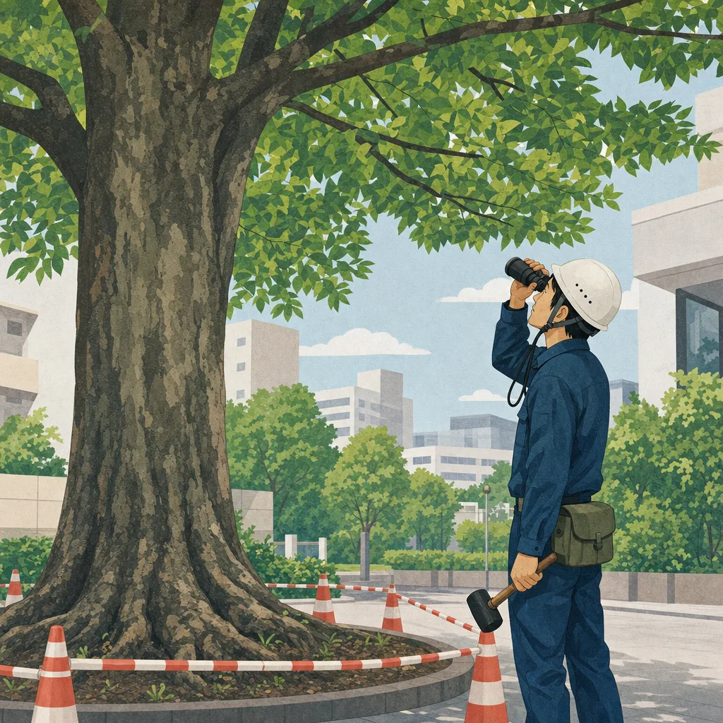 樹木を診断する日本人アーボリスト（編集記事向け）。アーボリスト、樹木診断、樹木管理、造園の記事や案内に使える商用素材です。