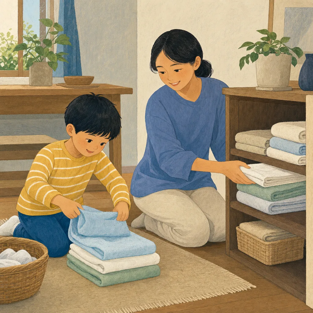 家のお手伝いをする日本人の子ども（編集記事向け）。子どものお手伝い、親子、家事、生活習慣の記事向け素材です。
