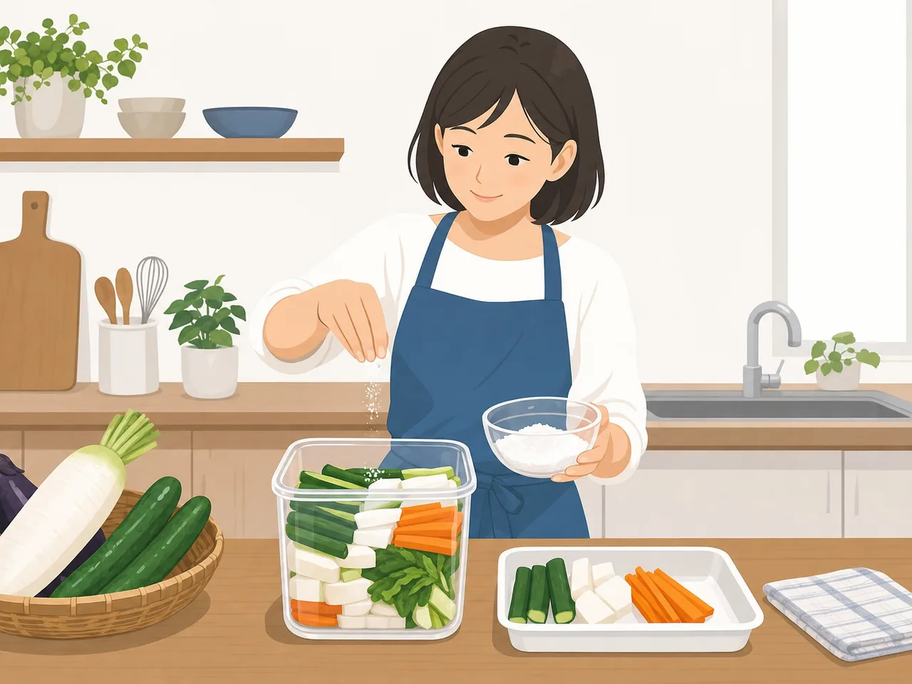 家庭で漬物を仕込む日本人（フラットイラスト）。漬物作り、発酵食品、保存食、野菜の記事や案内に使える商用素材です。