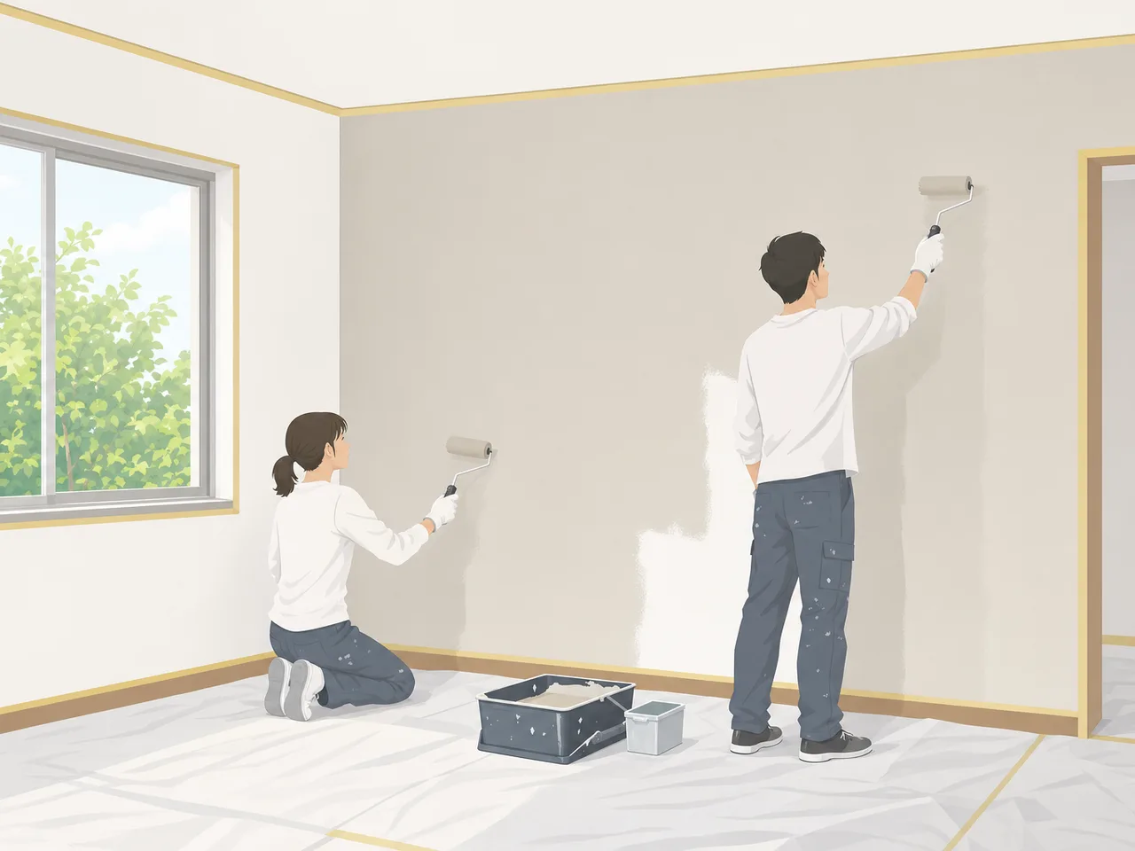 室内を塗装する日本人塗装職人（フラットイラスト）。塗装工、住宅リフォーム、内装、職人の記事に使える素材です。