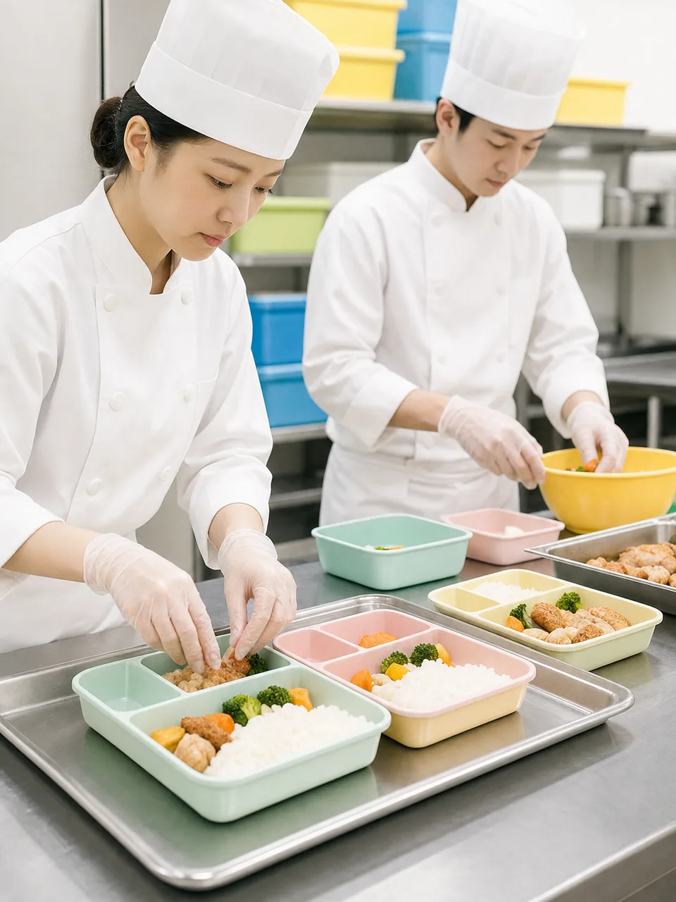 アレルギーに配慮した昼食を準備する日本人（自然な縦位置写真）。アレルギー対応食、給食、食物アレルギー、調理の記事や案内に使える商用素材です。