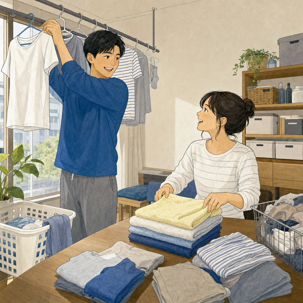 洗濯物を協力して片付ける日本人夫婦（編集記事向け）。洗濯、家事分担、共働き、生活用品の記事に使える家庭素材です。