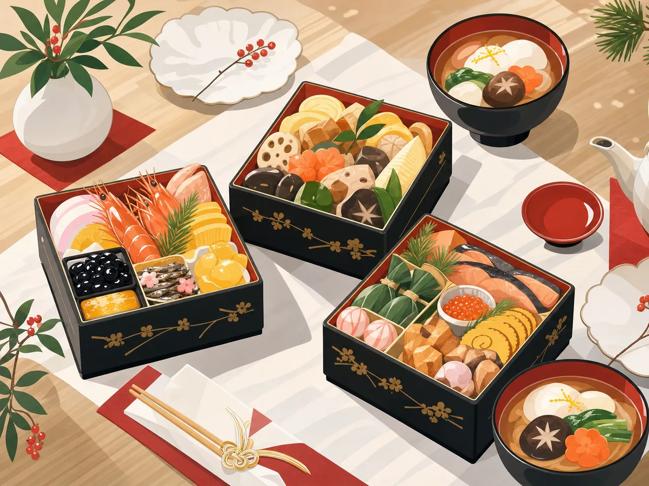 おせち料理の新年の食卓（フラットイラスト）。年末年始の案内、食品、和食の記事に使える、華やかで自然なおせち料理素材です。