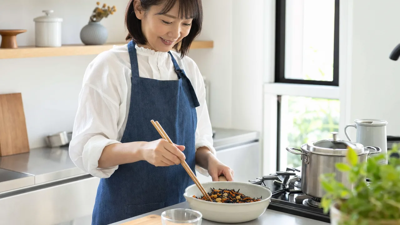 ひじきの煮物を作る日本人（横長・コピースペース）。ひじきの煮物、ひじき料理、家庭料理、和食の記事や案内に使える商用素材です。