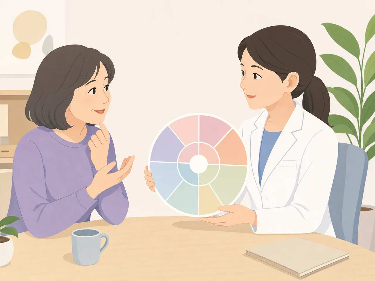 更年期の健康を相談する日本人女性（フラットイラスト）。更年期相談、女性の健康、更年期、婦人科相談の記事や案内に使える商用素材です。