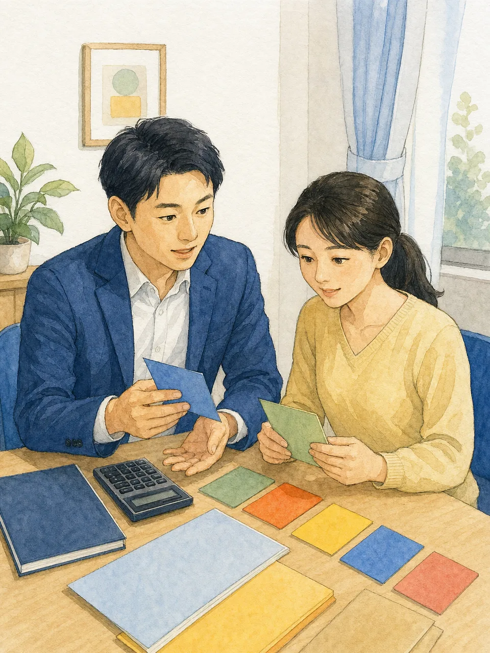 確定申告を相談する日本人（手描き水彩）。確定申告の準備、個人の税務相談、確定申告、税理士の記事や案内に使える商用素材です。