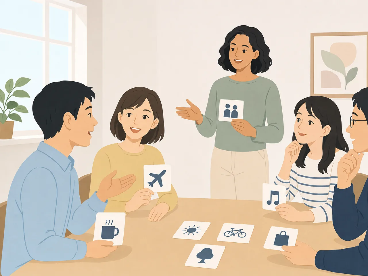 英会話教室で学ぶ日本人（フラットイラスト）。英会話教室、語学学習、大人の学び、コミュニケーションの記事向け素材です。