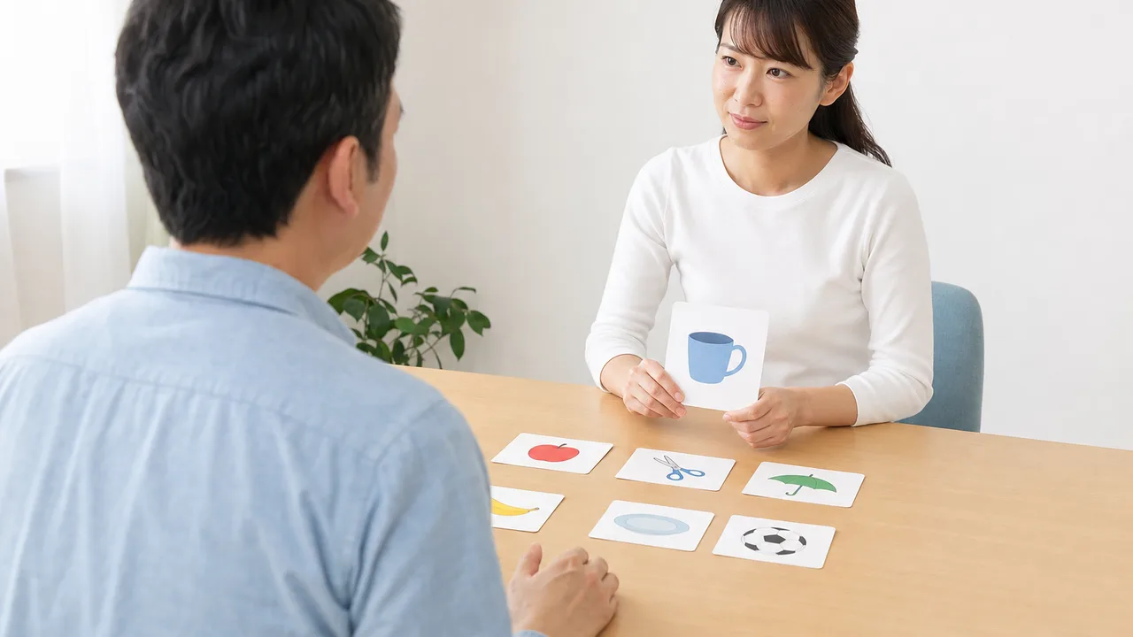 会話を支援する日本人言語聴覚士（横長・コピースペース）。言語聴覚士、コミュニケーション支援、リハビリの記事向け素材です。