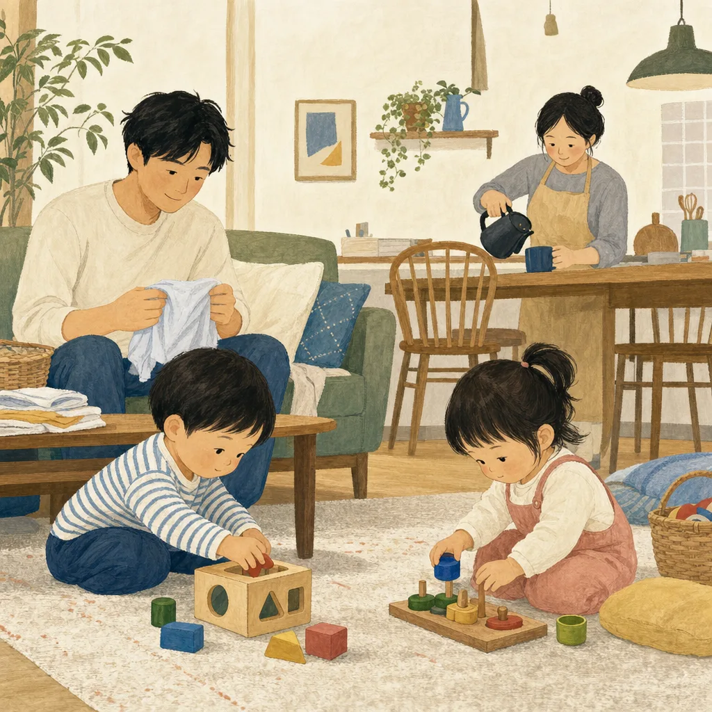 双子を育てる日本人家族（編集記事向け）。双子、育児、子育て、家族の日常を伝える記事向け素材です。