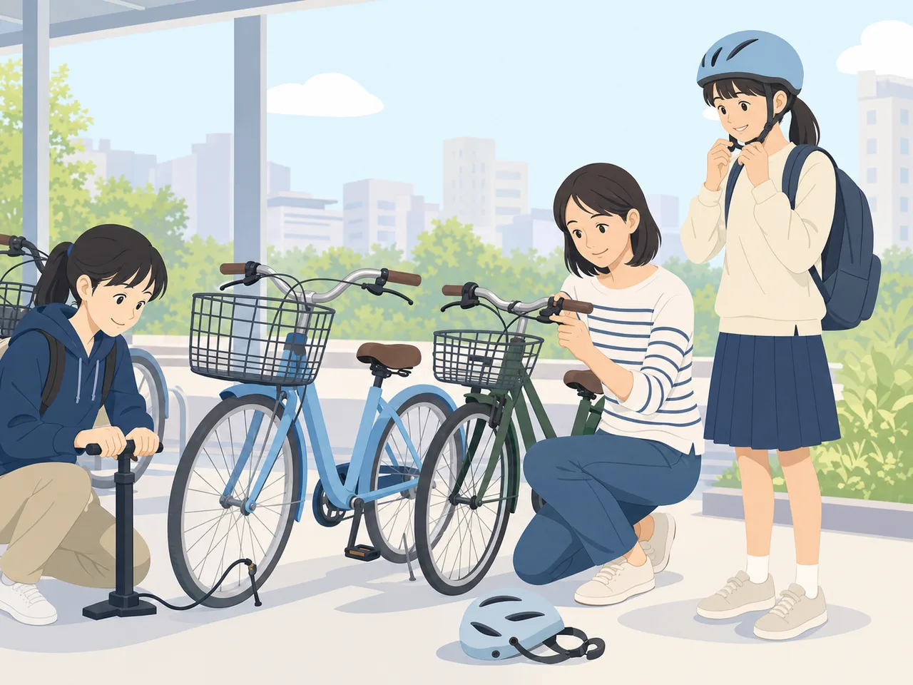 自転車を整備する日本人の母と娘（フラットイラスト）。母と娘、自転車整備、親子、日常の記事向け素材です。