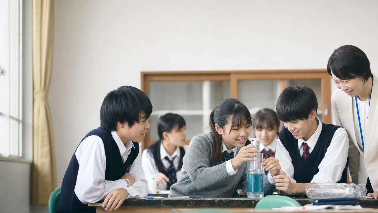 教室で学ぶ日本の中学生（横長・コピースペース）。中学校、教育、探究学習、学校案内に使える自然な学習場面です。